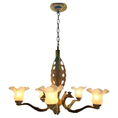 Art Deco Bronze Chandelier Details with 5 Glass Shades, 1930s-MJY-1704305