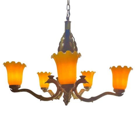 Art Deco Bronze Chandelier Details with 5 Glass Shades, 1930s-MJY-1704305