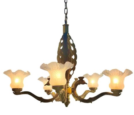 Art Deco Bronze Chandelier Details with 5 Glass Shades, 1930s-MJY-1704305