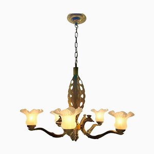 Art Deco Bronze Chandelier Details with 5 Glass Shades, 1930s-MJY-1704305