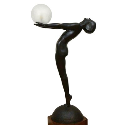 Art Deco Bronze Lamp Life Size Clarte Standing Nude with Globe by Max Le Verrier with Foundry Mark 186 Cm.-KTN-1251469