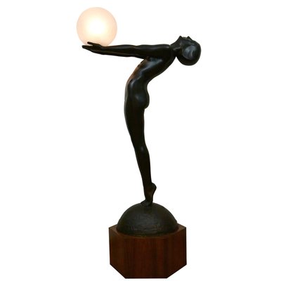 Art Deco Bronze Lamp Life Size Clarte Standing Nude with Globe by Max Le Verrier with Foundry Mark 186 Cm.-KTN-1251469