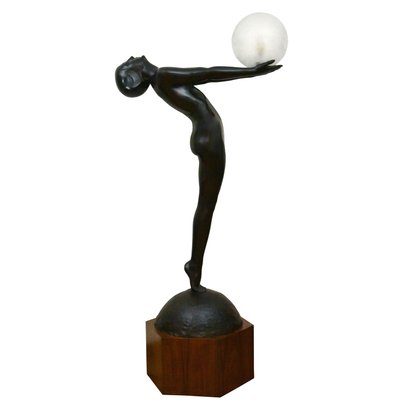 Art Deco Bronze Lamp Life Size Clarte Standing Nude with Globe by Max Le Verrier with Foundry Mark 186 Cm.-KTN-1251469