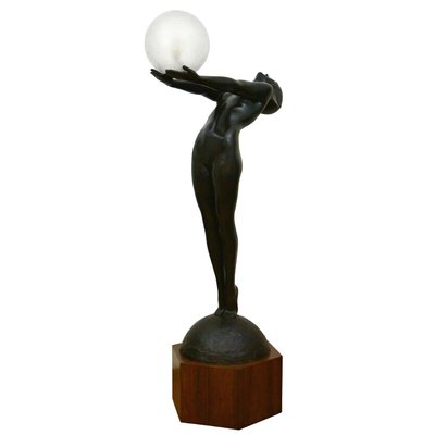 Art Deco Bronze Lamp Life Size Clarte Standing Nude with Globe by Max Le Verrier with Foundry Mark 186 Cm.-KTN-1251469