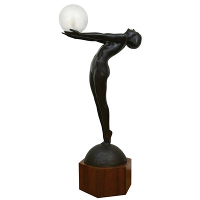 Art Deco Bronze Lamp Life Size Clarte Standing Nude with Globe by Max Le Verrier with Foundry Mark 186 Cm.-KTN-1251469