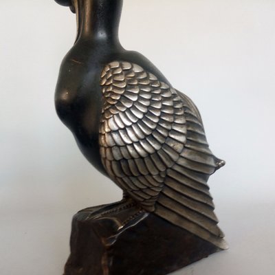 Art Deco Bronze Mandarin Duck with Tuft Sculpture by Marie Louise Simard, 1920s-YGE-663437