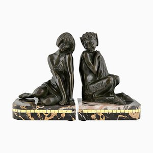 Art Deco Bronze Nymph and Faun Bookends by Pierre Le Faguays, Set of 2-KTN-1318563