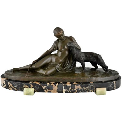 Art Deco Bronze Sculpture of Woman with Panther by C. Charles, 1930-KTN-1341658