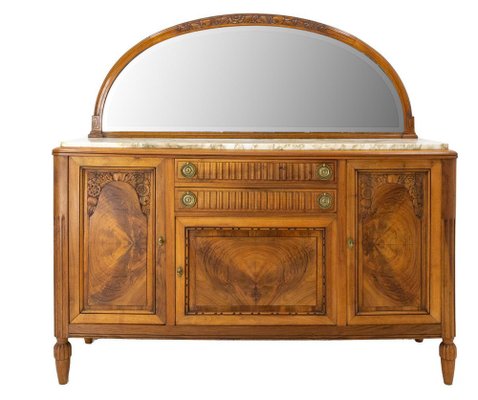 Art Deco Buffet Credenza Cabinet Walnut Marble Top with Semicircle Mirror, 1930s-RIU-1329248