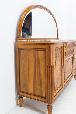 Art Deco Buffet Credenza Cabinet Walnut Marble Top with Semicircle Mirror, 1930s-RIU-1329248