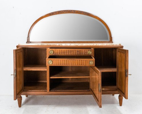 Art Deco Buffet Credenza Cabinet Walnut Marble Top with Semicircle Mirror, 1930s-RIU-1329248