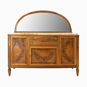 Art Deco Buffet Credenza Cabinet Walnut Marble Top with Semicircle Mirror, 1930s-RIU-1329248