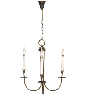 Art Deco Burnished Brass Chandelier with Three Lights, Arms and Ring in Ribbed Brass-NJV-743674