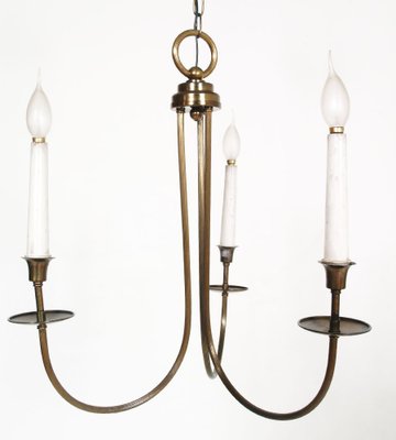 Art Deco Burnished Brass Chandelier with Three Lights, Arms and Ring in Ribbed Brass-NJV-743674