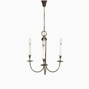 Art Deco Burnished Brass Chandelier with Three Lights, Arms and Ring in Ribbed Brass-NJV-743674