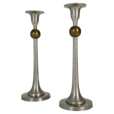 Art Deco Candelholders in Pewter and Brass, Sweden, 1930s, Set of 2-UYK-1151603