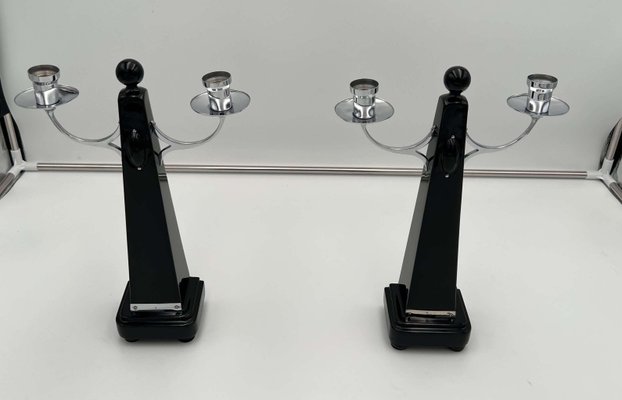 Art Deco Candlesticks in Black Lacquer, Oak & Nickel, Netherlands, 1930s, Set of 2-NNB-1168386