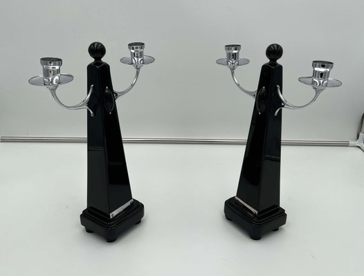 Art Deco Candlesticks in Black Lacquer, Oak & Nickel, Netherlands, 1930s, Set of 2-NNB-1168386