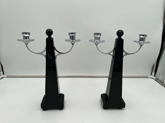 Art Deco Candlesticks in Black Lacquer, Oak & Nickel, Netherlands, 1930s, Set of 2-NNB-1168386