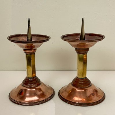 Art Deco Candlesticks in Copper and Brass, 1930s, Set of 2-WZZ-1718248