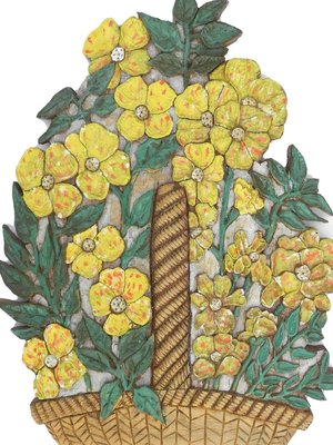 Art Deco Carved Wood Wall Plaque with Flowers in Relief Painted Floral, 1930s-ARU-626031