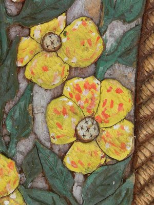 Art Deco Carved Wood Wall Plaque with Flowers in Relief Painted Floral, 1930s-ARU-626031