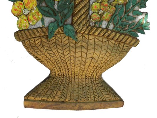 Art Deco Carved Wood Wall Plaque with Flowers in Relief Painted Floral, 1930s-ARU-626031