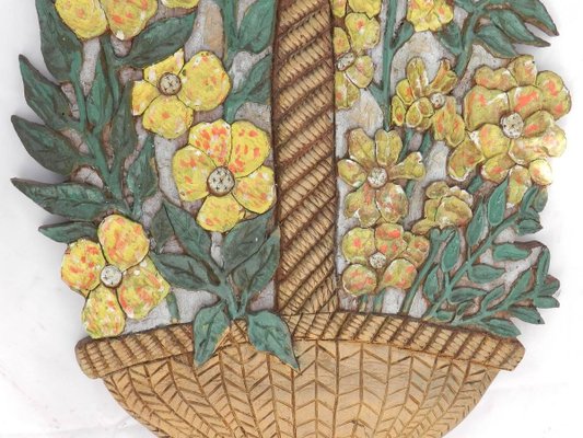 Art Deco Carved Wood Wall Plaque with Flowers in Relief Painted Floral, 1930s-ARU-626031