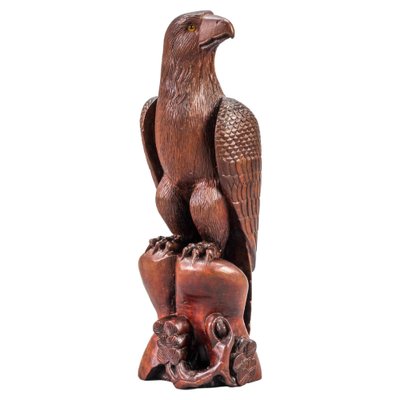 Art Deco Carved Wooden Eagle Sculpture with Glass Eyes, 1960s-KEG-1388271