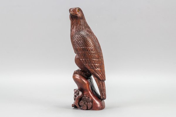 Art Deco Carved Wooden Eagle Sculpture with Glass Eyes, 1960s-KEG-1388271