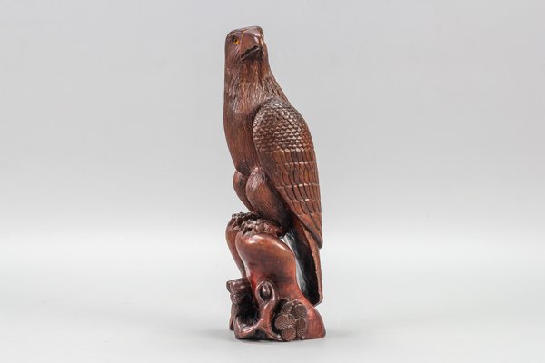 Art Deco Carved Wooden Eagle Sculpture with Glass Eyes, 1960s-KEG-1388271