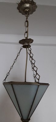 Art Deco Ceiling Lamp with Hexagonal Bluish Tinted Relief Glass Shade, Nickel Mount & Nickel Chain, 1930s-HOI-1270959