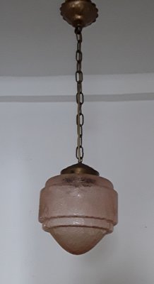 Art Deco Ceiling Lamp with Pink Patterned Glass Lampshade & Brass Painted Plastic, 1930s-HOI-996796