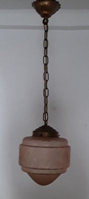 Art Deco Ceiling Lamp with Pink Patterned Glass Lampshade & Brass Painted Plastic, 1930s-HOI-996796