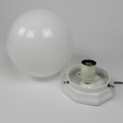 Art Deco Ceiling Lamp with Round Glass Ball and Porcelain Fixture, 1930s-TL-1773675