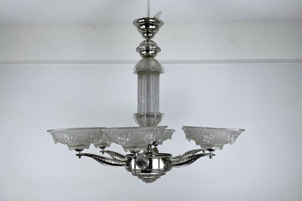 Art Deco Ceiling Light or Chandelier in Glass & Chrome, France, 1920s-VMP-1231628