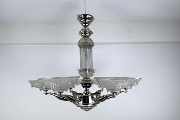 Art Deco Ceiling Light or Chandelier in Glass & Chrome, France, 1920s-VMP-1231628