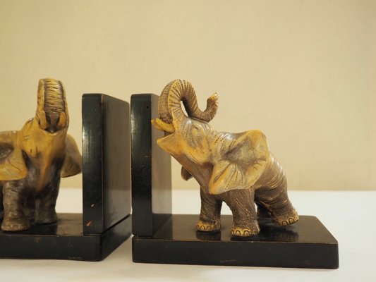 Art Deco Ceramic and Wooden Elephant Bookends, Set of 2-TKR-912619