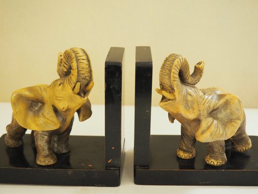 Art Deco Ceramic and Wooden Elephant Bookends, Set of 2-TKR-912619