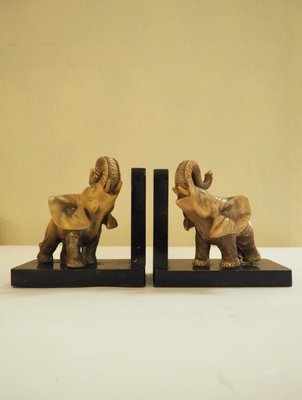 Art Deco Ceramic and Wooden Elephant Bookends, Set of 2-TKR-912619