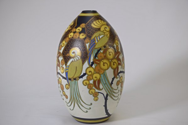 Art Deco Ceramic Porcelain Vase Birds of Paradise by Jan Wind, 1920s-NEN-2020220