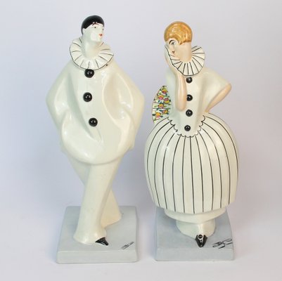 Art Deco Ceramic Sculptures of Pierrot and Colombina by Edouard Cazaux for Dax, 1920s, Set of 2-NE-1406348