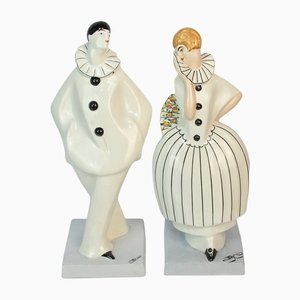 Art Deco Ceramic Sculptures of Pierrot and Colombina by Edouard Cazaux for Dax, 1920s, Set of 2-NE-1406348