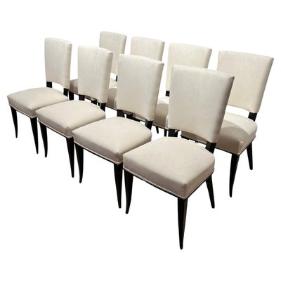 Art Deco Chairs in Black Lacquer in Cream Velour, France, 1930s, Set of 8-NNB-1729744