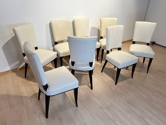 Art Deco Chairs in Black Lacquer in Cream Velour, France, 1930s, Set of 8-NNB-1729744