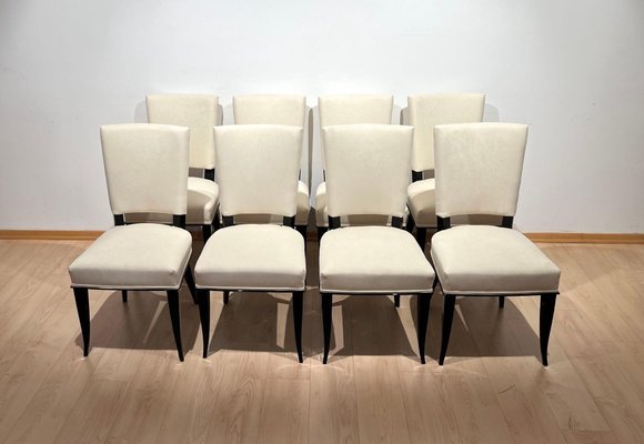 Art Deco Chairs in Black Lacquer in Cream Velour, France, 1930s, Set of 8-NNB-1729744