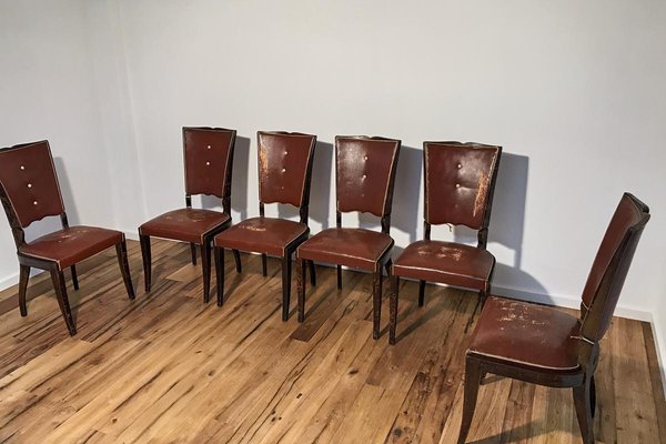 Art Deco Chairs in Red Leather, France, 1930s, Set of 6-VMP-1061497