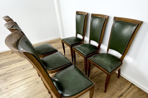 Art Deco Chairs with Green Leather, France, 1930s, Set of 6-VMP-1231632