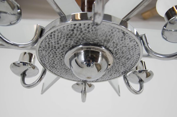 Art Deco Chandelier in Chrome, Wood and Sandblasted Glass, 1940s-TZ-1137494