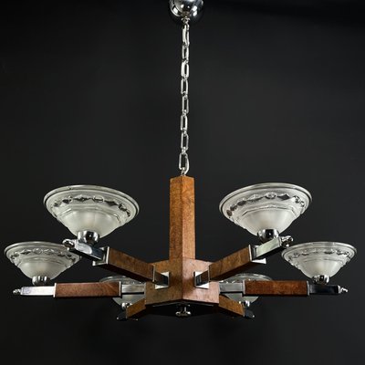 Art Deco Chandelier in Wood and Chrome, 1930s-JUZ-1813990